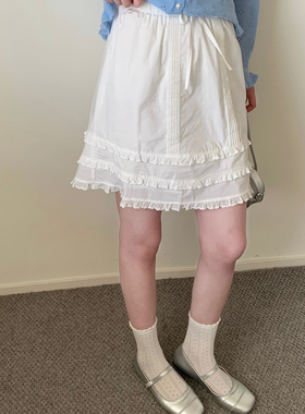 韩系甜妹白色半身裙 春夏高腰木耳边小个子A字短裙