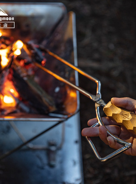 CAMPINGMOON不锈钢焚火钳榉木手柄 柴禾木炭烧烤钳子实心钢棒制成