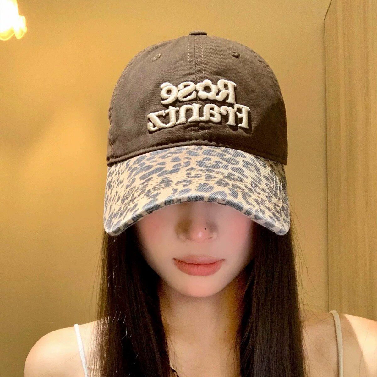 美式复古豹纹字母刺绣棒球帽女显脸小鸭舌帽宽帽檐大头围软顶帽子