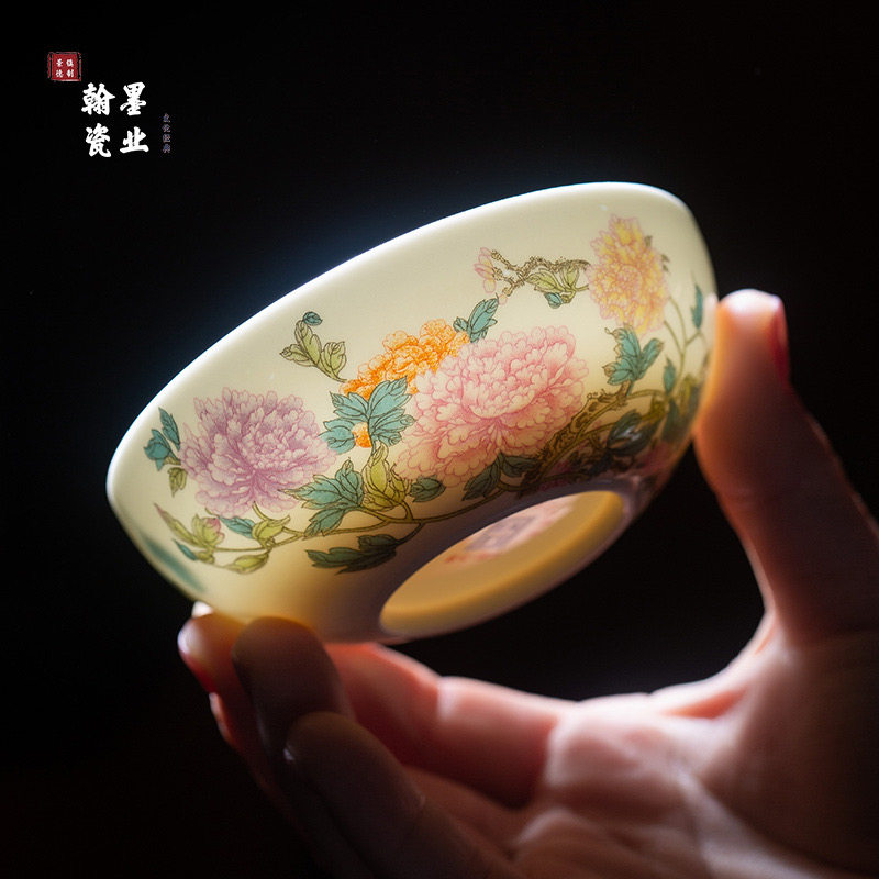 景德镇陶瓷高白泥富贵牡丹普洱杯家用个人专用主人杯中式茶杯单杯