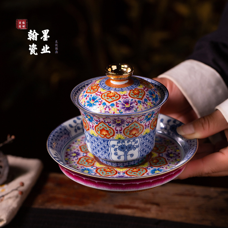 景德镇陶瓷仿古泥珐琅彩福寿延绵三才盖碗可悬停防烫手大号泡茶碗