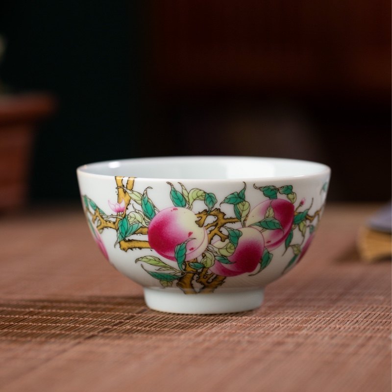景德镇瓷器手绘九桃五福寿桃主人杯仿古珐琅彩过墙牡丹鸡心杯茶杯