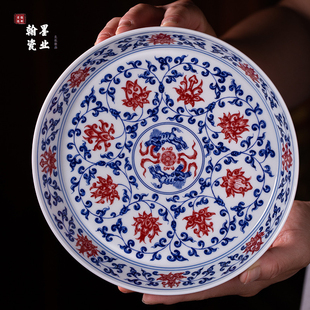 景德镇陶瓷仿古泥青花釉里红缠枝莲壶承单个干泡台盖碗托盘茶托