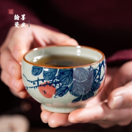 景德镇陶瓷老陶泥开片事事如意罗汉杯手工手绘主人杯个人专用茶杯