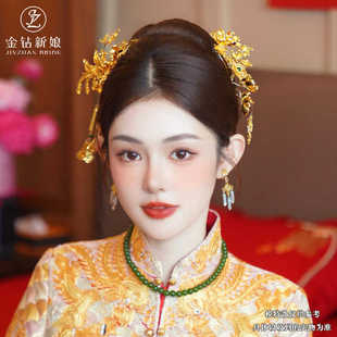 ETE新娘中式古风龙凤褂金色发簪汉服旗袍步摇流苏低盘发头饰配饰