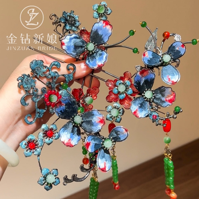 金钻新娘小众红蓝秀禾头饰发簪