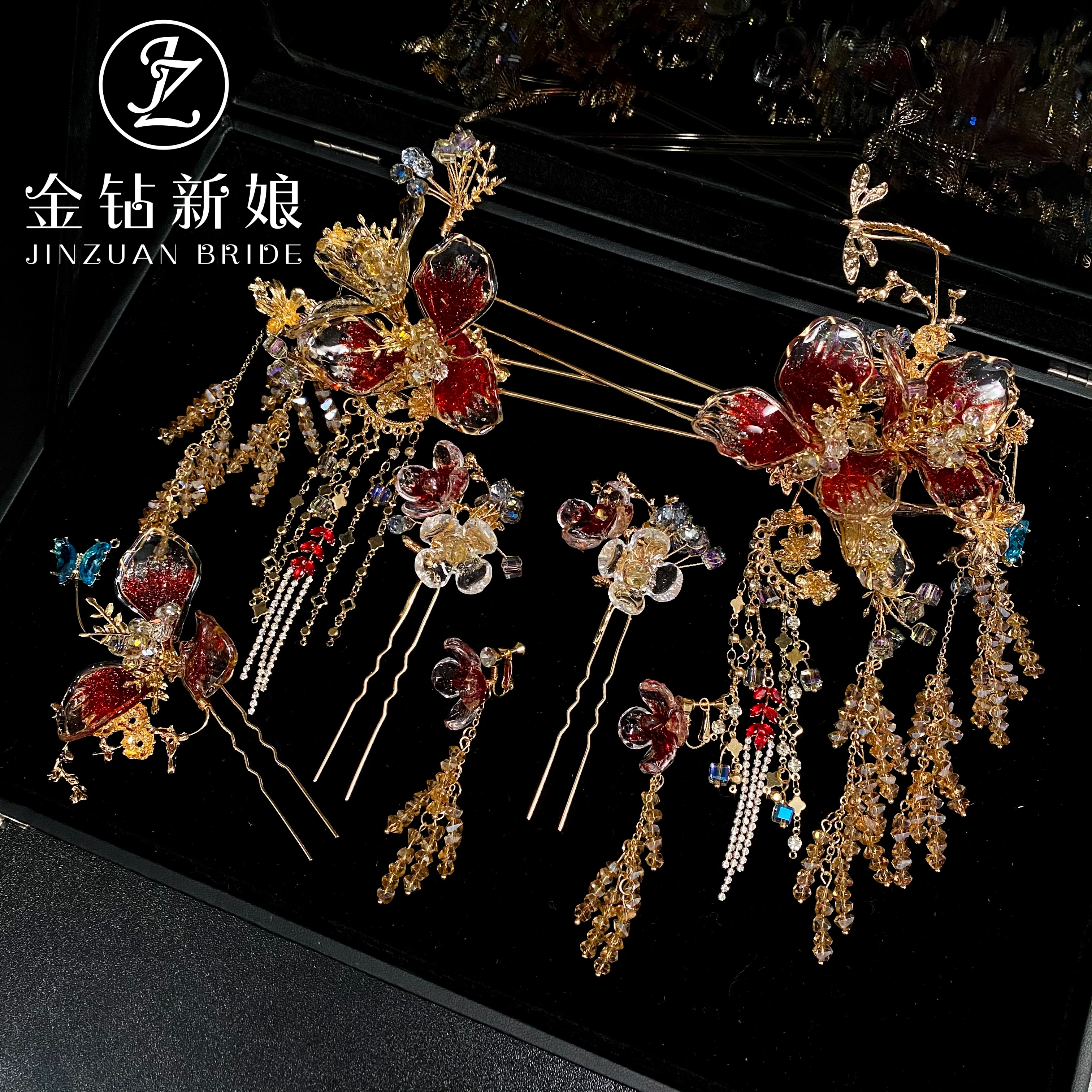 2026新款新娘红色水晶龙凤发钗