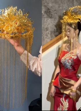 新娘ETE高端金色面帘凤冠中式婚礼秀禾头饰汉服冠古典龙凤褂发饰