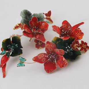 金钻新娘ETE红色手工砂花朵发夹非遗绒花发饰中式婚礼提花绸头饰