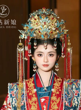 金钻新娘中式凤冠景泰蓝流苏秀禾服头饰明制汉服大婚发饰2026新款