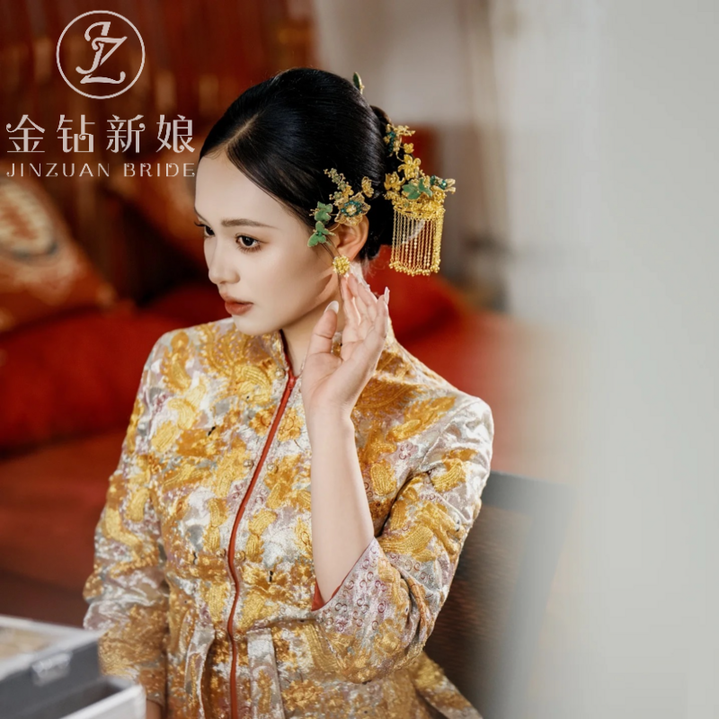 ETE新娘金绿色中式秀禾头饰
