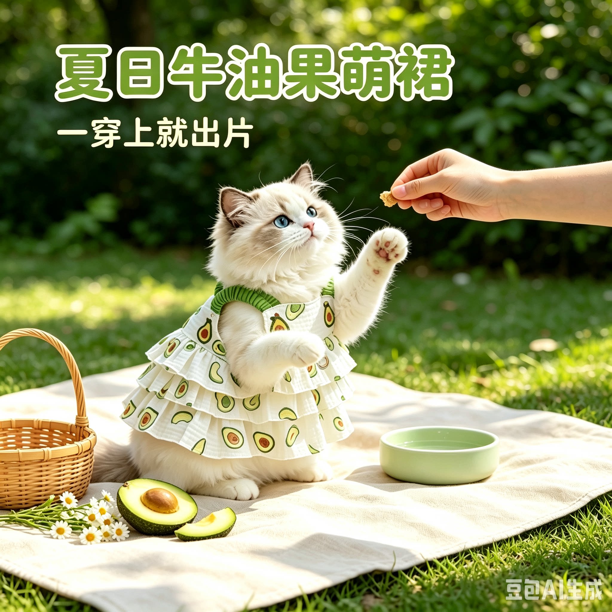 春夏薄款猫咪牛油果牵引裙子双层纱布布偶猫可爱蛋糕裙宠物服饰