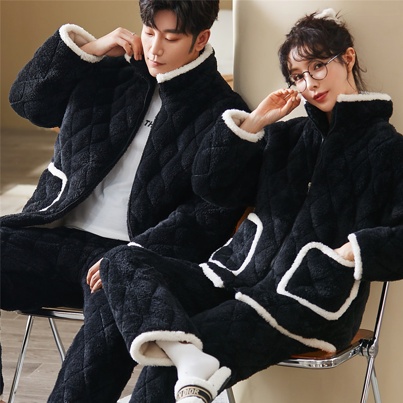 情侣睡衣女秋冬季珊瑚绒夹棉纯色拉链套装男士冬天加厚加绒家居服