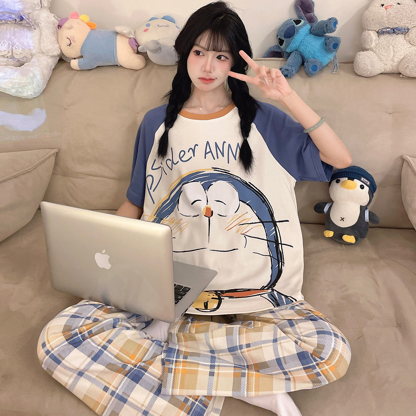 睡衣女春秋季纯棉短袖长裤加肥加大码卡通哆啦A梦家居服套装外穿