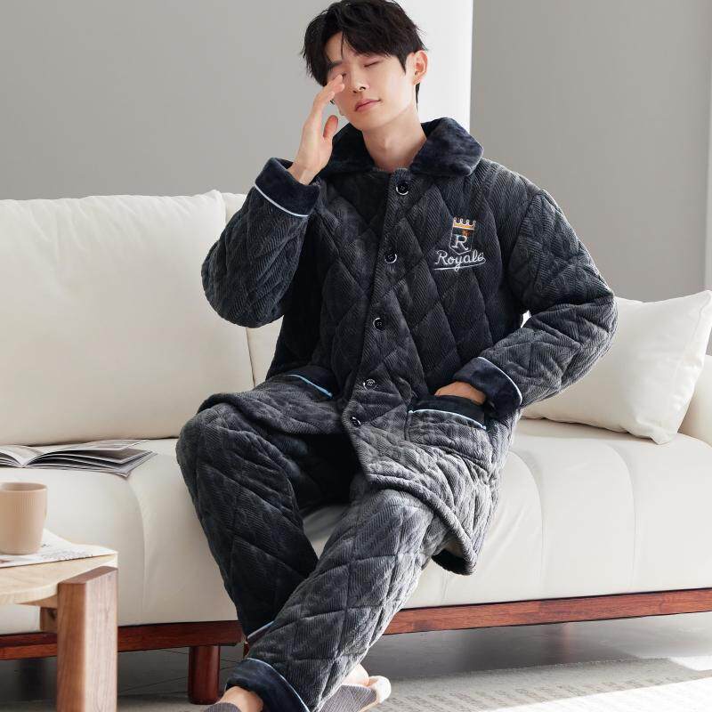 男士冬季睡衣珊瑚绒夹棉加肥加大码保暖简约家居服套装冬天可外穿