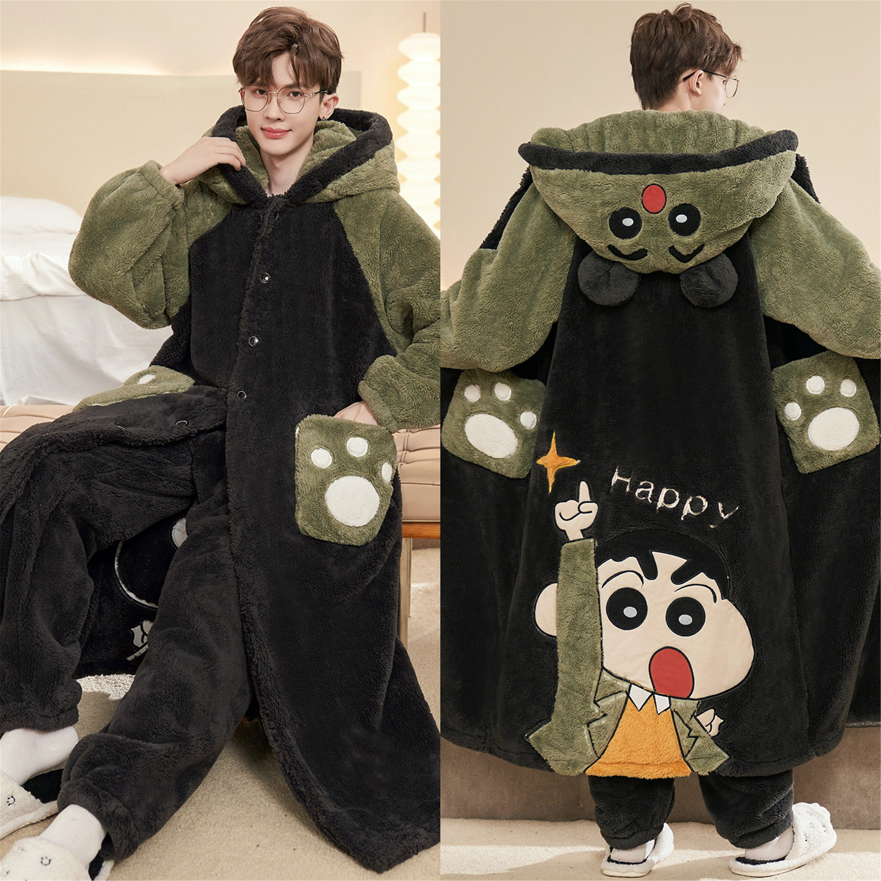 珊瑚绒睡袍男士秋冬季套装卡通加大码宽松青少年法兰绒保暖家居服