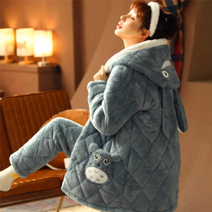 2025年新款睡衣女士秋冬季三层加厚加绒珊瑚绒夹棉睡衣家居服套装