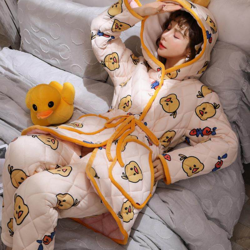 冬季睡衣女可爱珊瑚绒中长款夹棉三层加厚加绒棉袄女士家居服套装