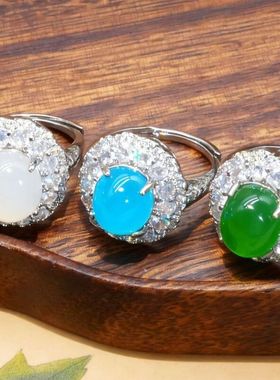 镀银镶嵌冰种蓝帝王绿米白色髓开口戒指新中式百搭时尚款8091