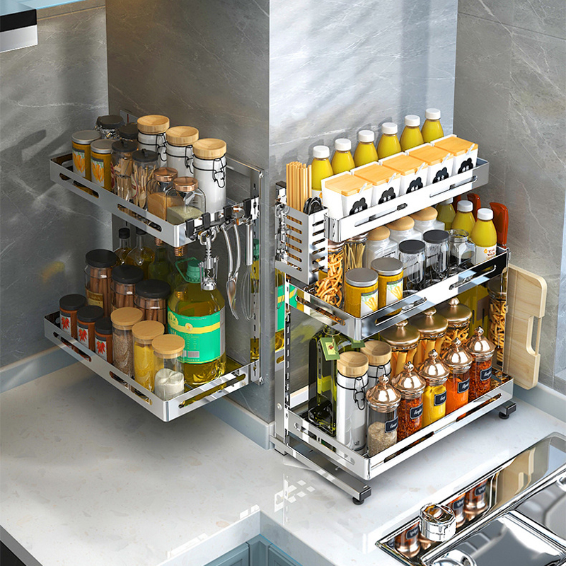 加厚304不锈钢厨房调料置物架加高层距可调免打孔挂墙上宽度42cm