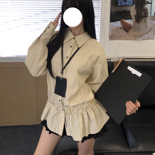 洋装 条纹衬衫 叠穿百褶裙女秋两件套 辣妹风长袖 酷飒拽姐穿搭套装