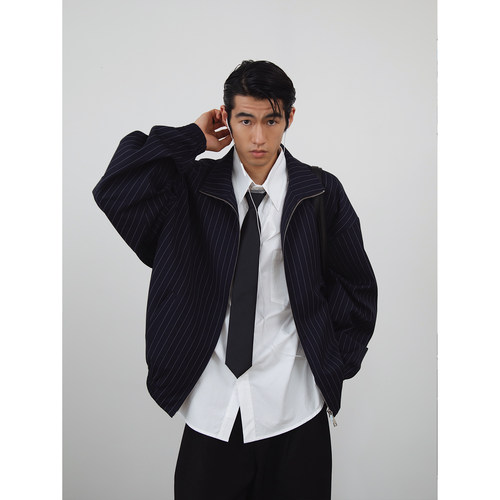 藏青立领短款廓形双拉链上衣夹克