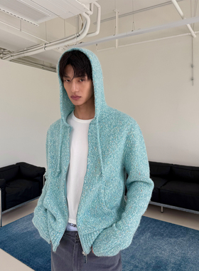 weave 薄荷奶绿 浅绿色花纱羊毛针织混纺连帽开衫毛衣短合身外套