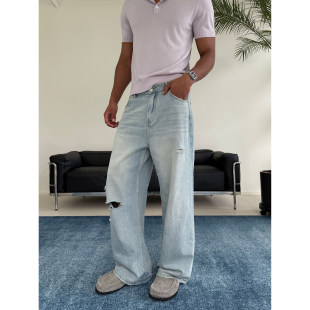高街韩系百搭 weave 全棉牛仔破洞设计浅蓝色宽松牛仔裤 现货
