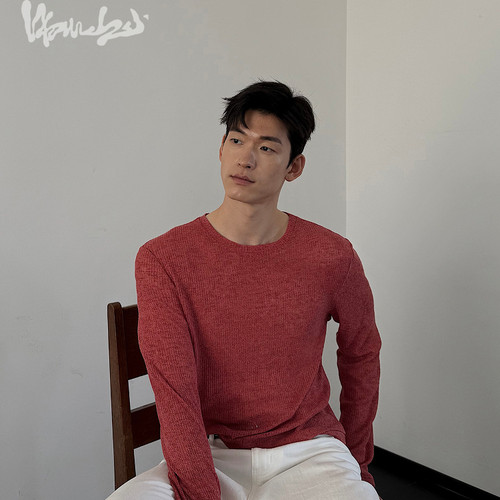 红色镂空肌理感圆领针织罩衫