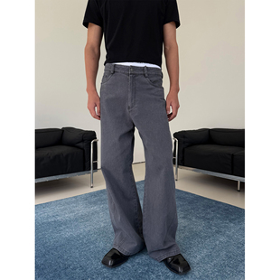 做旧成衣洗水灰色弯刀宽松廓形休闲牛仔长裤 weave 低腰 现货