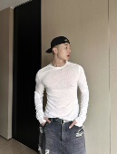 打底衫 修身 白色百搭小领口微透拼接设计圆领长袖 weave纯欲风