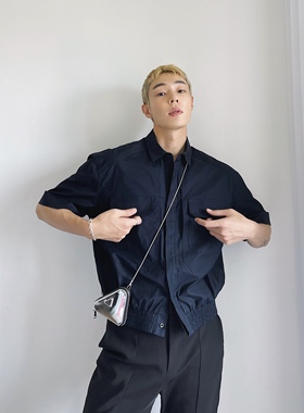 weave studio 21春夏 雅痞显高 原创松紧 设计感藏青纯棉短袖衬衫