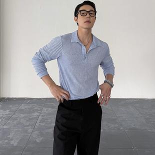 weave polo上衣 春日序曲 浅蓝色条纹镂空针织肌理感慵懒度假长袖