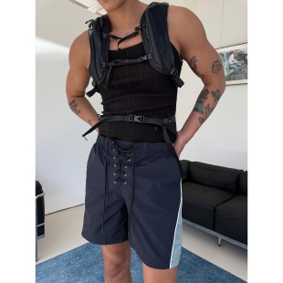 藏蓝色尼龙绑带抽绳速干透气休闲设计短款 weave 运动裤 现货