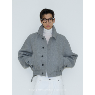 高级烟灰混色羊毛短款 老钱 挺阔宽松翻领外套时髦慵懒 英式 weave