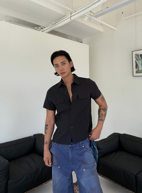 【现货】weave  黑色修身肌理感短款短袖翻领衬衫成衣水洗棉纯色