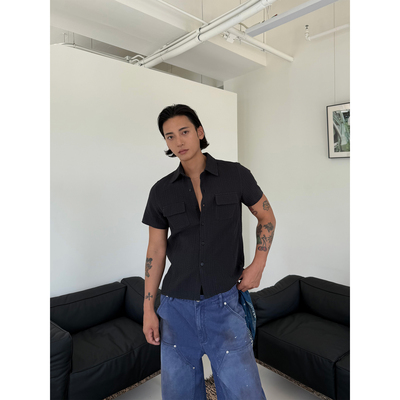 weave夏日极简黑色修身短款衬衫