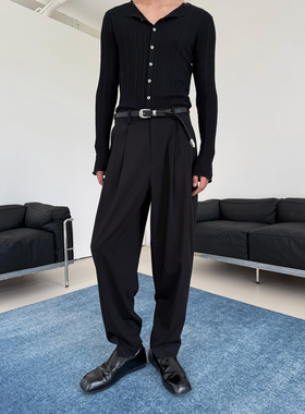 【现货】weave 定制黑色羊毛混纺TR面料双褶九分收脚锥形西裤男