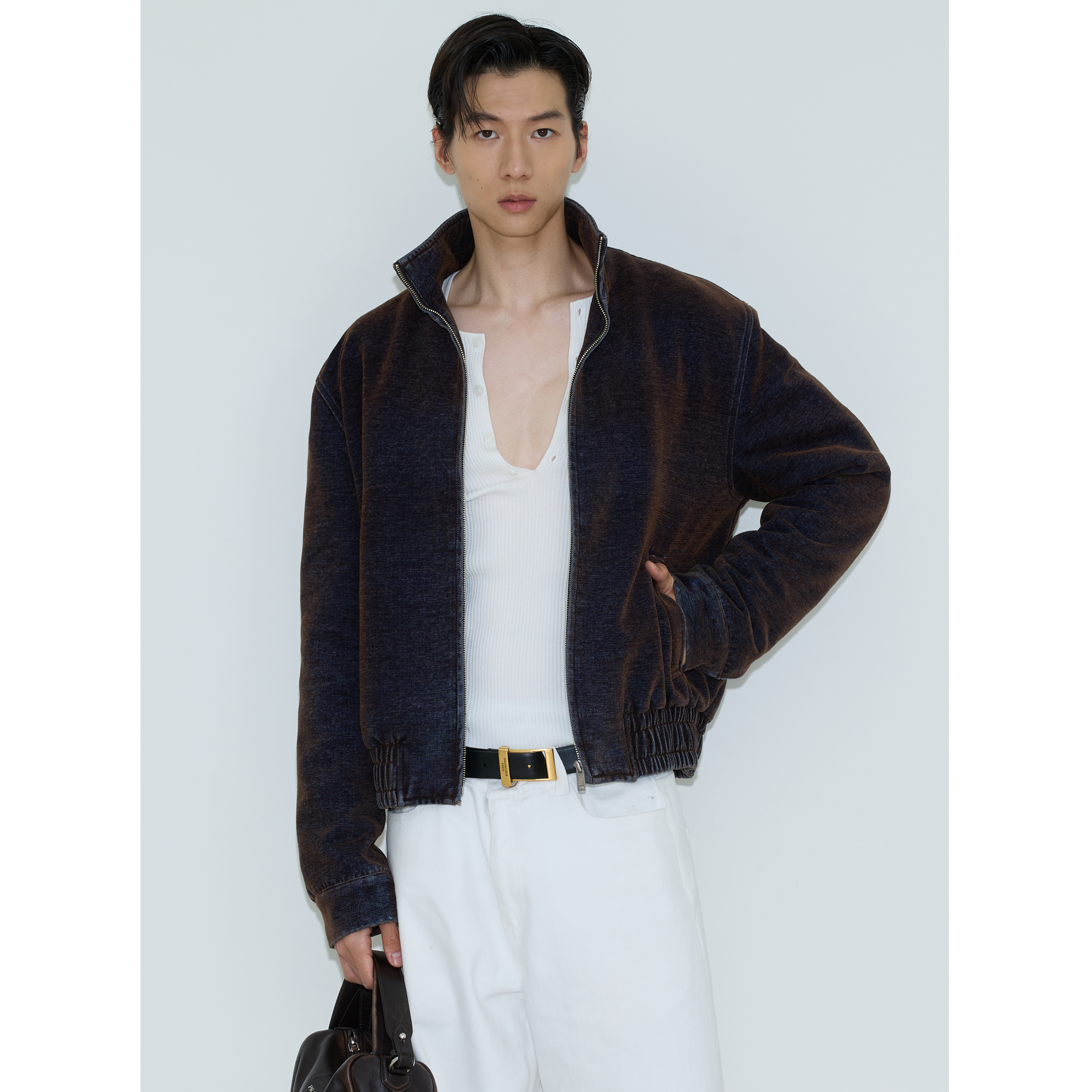 weave复古棕色植绒牛仔夹克