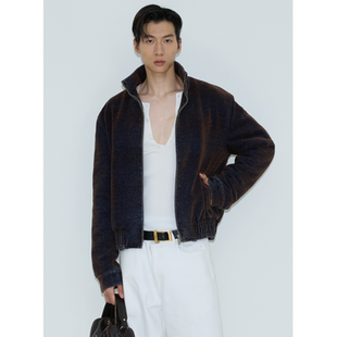 复古棕色植绒牛仔外套秋冬宽松立领做旧夹克上衣 weave 现货