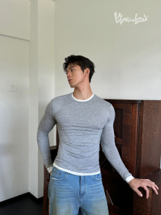 长袖 weave 花灰色不对称褶皱假两件圆领打底衫 miu系 T恤男女 修身