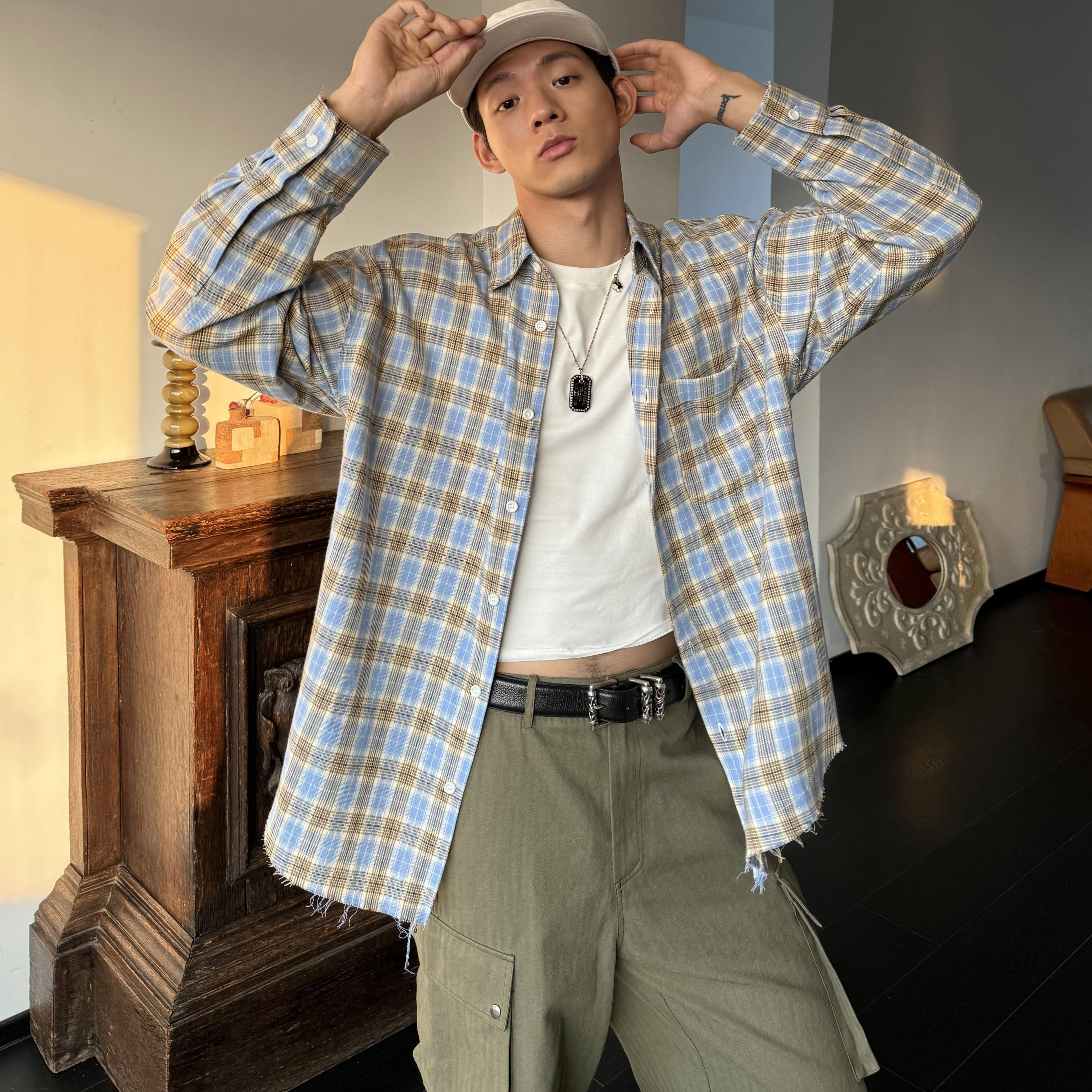 蓝色长袖休闲风落肩设计衬衫格纹