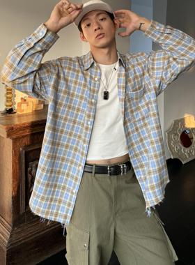 weave 美拉蓝格纹 复古磨毛纯棉毛边落肩宽松休闲长袖衬衫男女