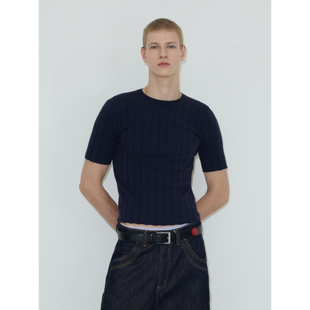 现货 针织短袖 weave 坑条短款 小众设计感慵懒 秋冬藏青修身