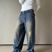 现货 weave 重磅蓝色脏脏破洞裤 宽松伐木牛仔裤 挺阔全棉休闲裤