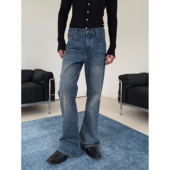 weave 百搭长裤 复古低腰蓝色微喇牛仔裤 韩系全棉猫须纹修身