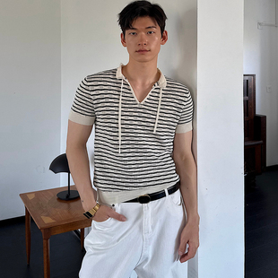 天丝透气荷叶边领抽绳设计白拼藏青条纹针织短袖 weave 现货