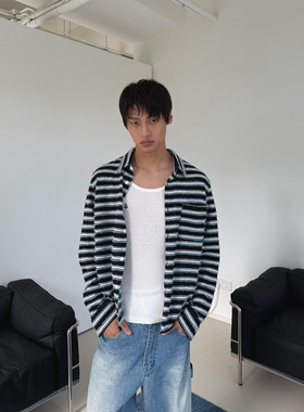 weave 暗海蓝调 黑蓝条纹长袖针织短款衬衫盐系慵懒智性风小众