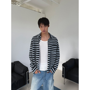 现货 衬衫 weave 针织短款 盐系慵懒智性风小众 黑蓝条纹长袖