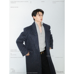 weave 900g重磅蓝灰色廓形条纹双面呢保暖垫肩枪驳领羊毛大衣外套